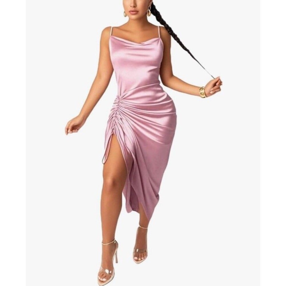 Spaghetti Strap Satin Dress Sexy Backless Drawstring Ruched Split Hem Cocktail M